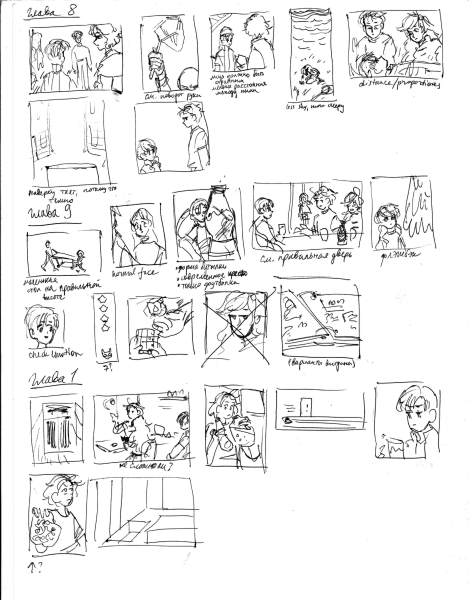 sketches of illustrations for chapters 8, 9 and 1 with additional notes