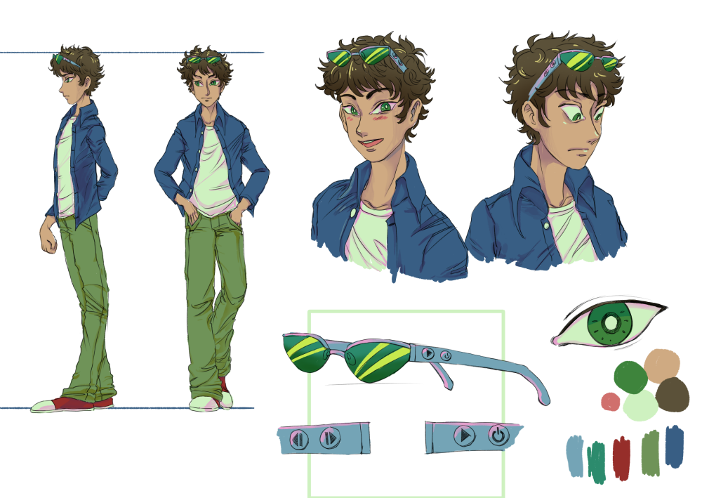 character design sheet of a boy with unusual green shades