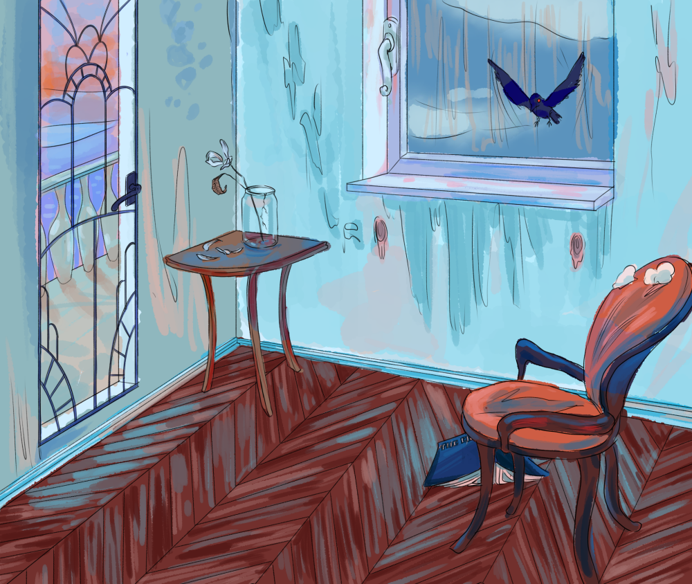 a chair, a book and a wilting flower in a dilapidated room with a balcony outside one window and an eerie raven flying outside another