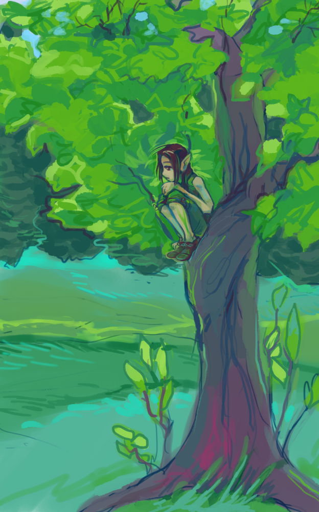 elf sitting on a tree in a green forest