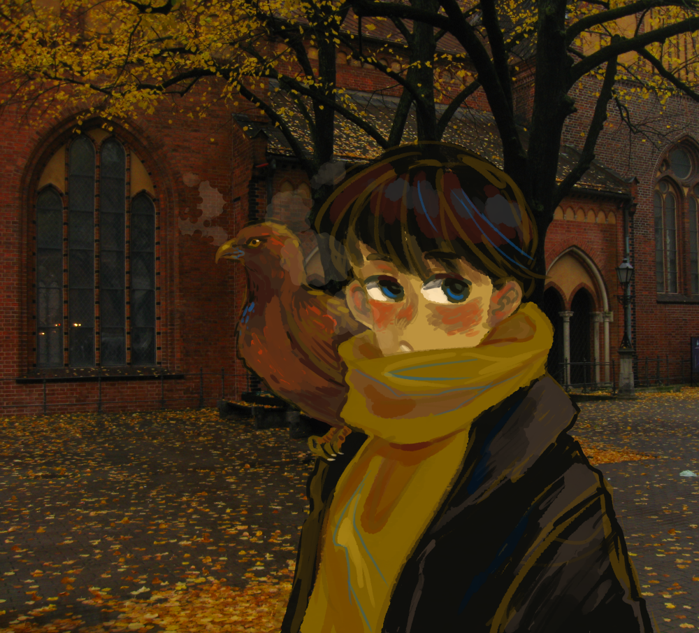 a boy wearing a scarf with an bird of prey sitting on his shoulder walks in front of a cathedral in autumn