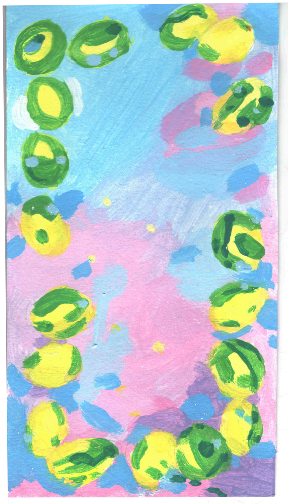 abstract painting in pink, green and light blue