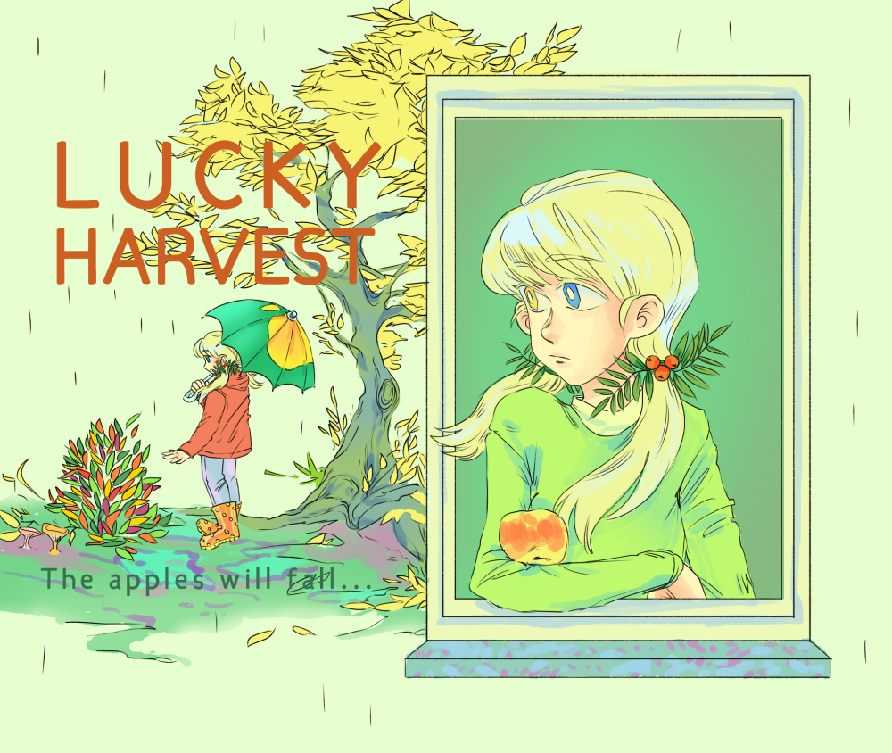 girl in window and walking with an umbrella with the text LUCKY HARVEST/The apples will fall...