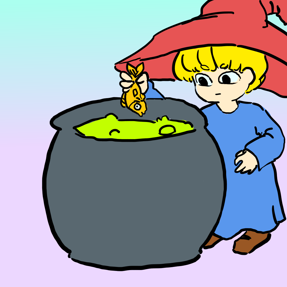 young wizard puts fish in cauldron