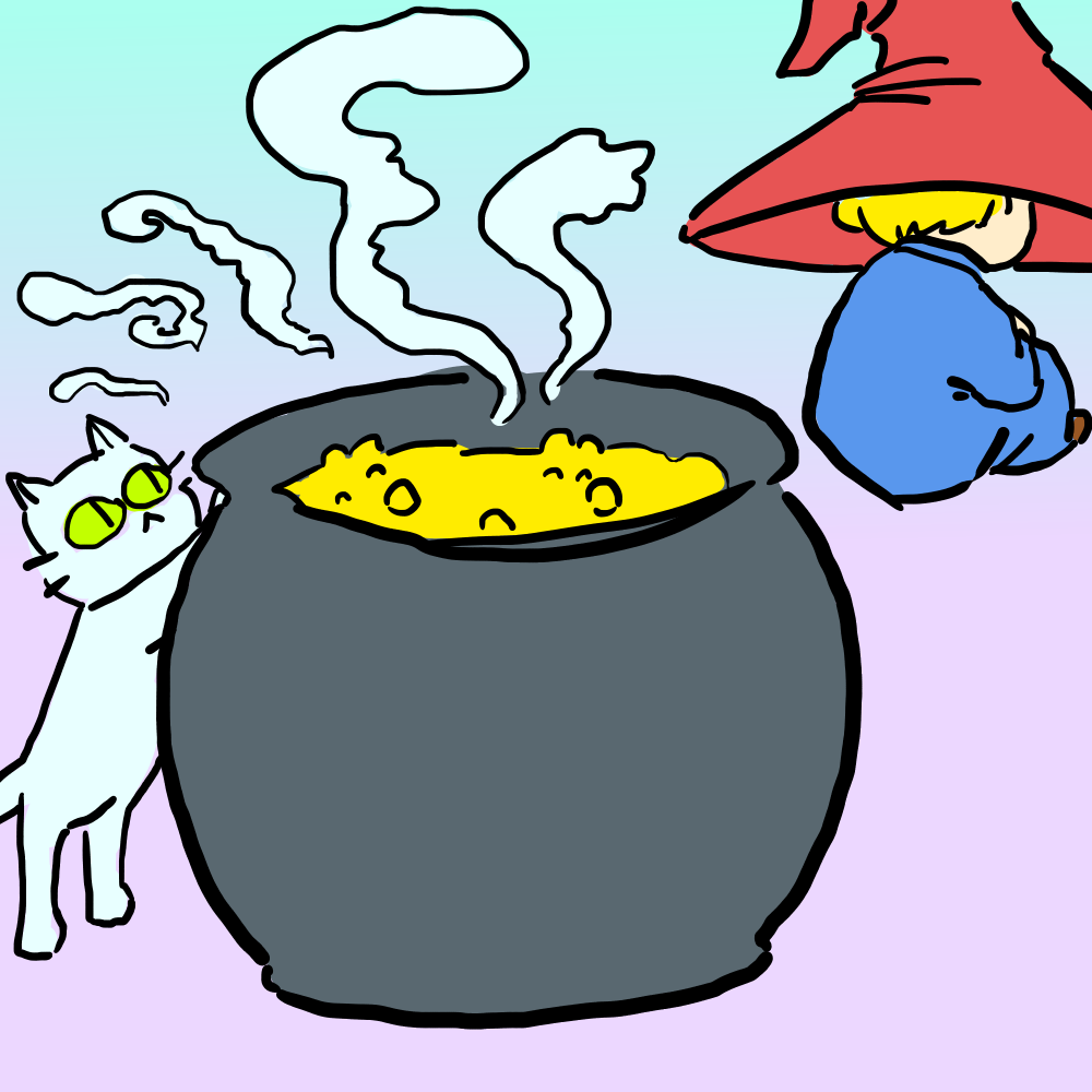while the wizard is away, a cat approaches the cauldron